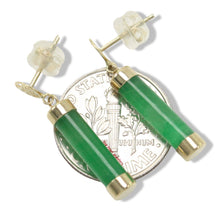 Load image into Gallery viewer, 14K Solid Yellow Gold Good Fortune Dangle Green Jade Earrings
