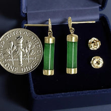 Load image into Gallery viewer, 14K Solid Yellow Gold Good Fortune Dangle Green Jade Earrings
