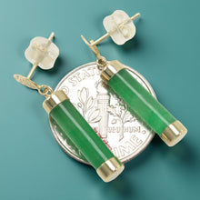Load image into Gallery viewer, 14K Solid Yellow Gold Good Fortune Dangle Green Jade Earrings