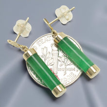Load image into Gallery viewer, 14K Solid Yellow Gold Good Fortune Dangle Green Jade Earrings