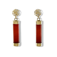 Load image into Gallery viewer, 14K Solid Yellow Gold Blessedness Dangle Tube-Shaped Red Jade Post Earrings