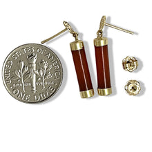 Load image into Gallery viewer, 14K Solid Yellow Gold Blessedness Dangle Tube-Shaped Red Jade Post Earrings