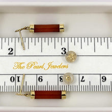 Load image into Gallery viewer, 14K Solid Yellow Gold Blessedness Dangle Tube-Shaped Red Jade Post Earrings