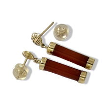 Load image into Gallery viewer, 14K Solid Yellow Gold Blessedness Dangle Tube-Shaped Red Jade Post Earrings