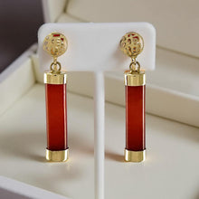 Load image into Gallery viewer, 14K Solid Yellow Gold Blessedness Dangle Tube-Shaped Red Jade Post Earrings