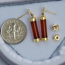 Load image into Gallery viewer, 14K Solid Yellow Gold Blessedness Dangle Tube-Shaped Red Jade Post Earrings