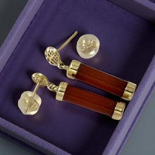 Load image into Gallery viewer, 14K Solid Yellow Gold Blessedness Dangle Tube-Shaped Red Jade Post Earrings
