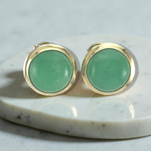 Load image into Gallery viewer, 14K Yellow Gold 15mm Round Dome Green Jade Earrings
