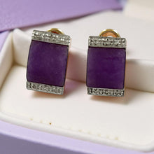 Load image into Gallery viewer, 14K Yellow Gold Omega Clip Diamond Cabochon Lavender Jade Earrings