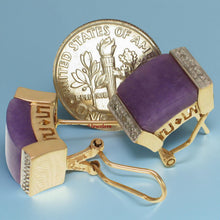 Load image into Gallery viewer, 14K Yellow Gold Omega Clip Diamond Cabochon Lavender Jade Earrings