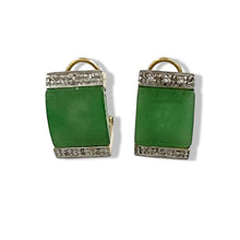 Load image into Gallery viewer, 14K Yellow Gold Omega Clip Diamond Green Jade Earrings