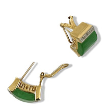 Load image into Gallery viewer, 14K Yellow Gold Omega Clip Diamond Green Jade Earrings