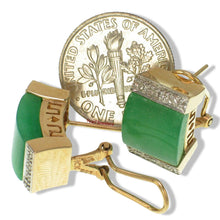 Load image into Gallery viewer, 14K Yellow Gold Omega Clip Diamond Green Jade Earrings