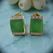 Load image into Gallery viewer, 14K Yellow Gold Omega Clip Diamond Green Jade Earrings