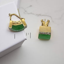 Load image into Gallery viewer, 14K Yellow Gold Omega Clip Diamond Green Jade Earrings