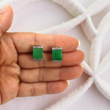 Load image into Gallery viewer, 14K Yellow Gold Omega Clip Diamond Green Jade Earrings
