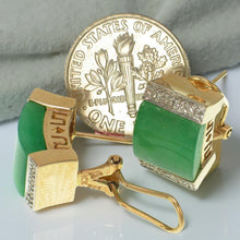 Load image into Gallery viewer, 14K Yellow Gold Omega Clip Diamond Green Jade Earrings