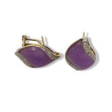 Load image into Gallery viewer, 14K Yellow Gold Omega Clip Diamond Lavender Jade Earrings