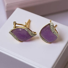 Load image into Gallery viewer, 14K Yellow Gold Omega Clip Diamond Lavender Jade Earrings