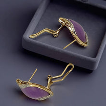 Load image into Gallery viewer, 14K Yellow Gold Omega Clip Diamond Lavender Jade Earrings