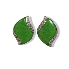 Load image into Gallery viewer, 14K Yellow Gold Omega Clip Diamond Green Jade Earrings