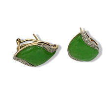 Load image into Gallery viewer, 14K Yellow Gold Omega Clip Diamond Green Jade Earrings