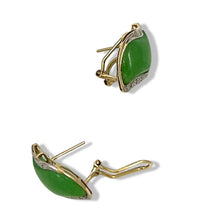 Load image into Gallery viewer, 14K Yellow Gold Omega Clip Diamond Green Jade Earrings