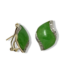 Load image into Gallery viewer, 14K Yellow Gold Omega Clip Diamond Green Jade Earrings