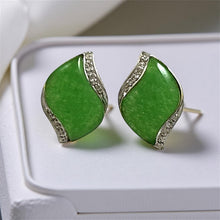 Load image into Gallery viewer, 14K Yellow Gold Omega Clip Diamond Green Jade Earrings