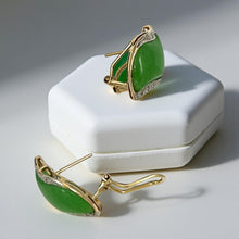 Load image into Gallery viewer, 14K Yellow Gold Omega Clip Diamond Green Jade Earrings