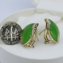 Load image into Gallery viewer, 14K Yellow Gold Omega Clip Diamond Green Jade Earrings