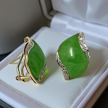 Load image into Gallery viewer, 14K Yellow Gold Omega Clip Diamond Green Jade Earrings