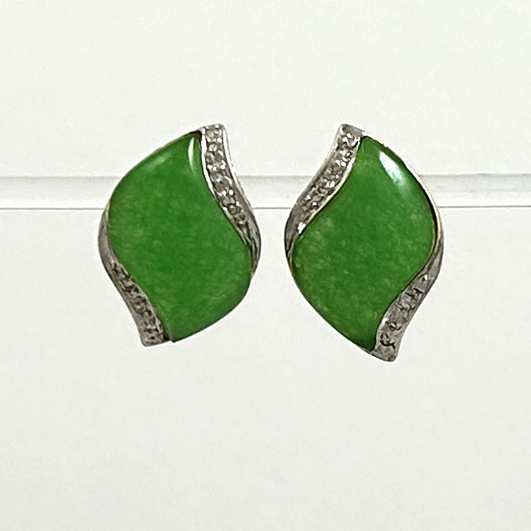 1187503 14KT YELLOW SOLID GOLD OMEGA CLIP DIAMOND GREEN JADE EARRINGS