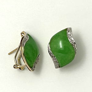 1187503 14KT YELLOW SOLID GOLD OMEGA CLIP DIAMOND GREEN JADE EARRINGS