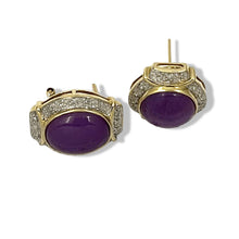 Load image into Gallery viewer, 14K Yellow Gold Omega Clip Diamond Lavender Jade Earrings