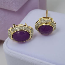 Load image into Gallery viewer, 14K Yellow Gold Omega Clip Diamond Lavender Jade Earrings