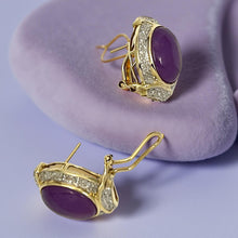 Load image into Gallery viewer, 14K Yellow Gold Omega Clip Diamond Lavender Jade Earrings