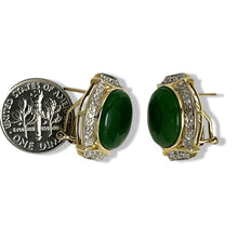 Load image into Gallery viewer, 14K Yellow Gold Omega Clip Diamond Green Jade Earrings