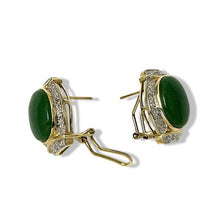 Load image into Gallery viewer, 14K Yellow Gold Omega Clip Diamond Green Jade Earrings