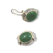 Load image into Gallery viewer, 14K Yellow Gold Omega Clip Diamond Green Jade Earrings
