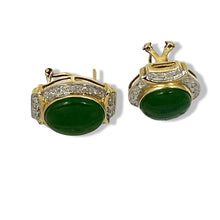 Load image into Gallery viewer, 14K Yellow Gold Omega Clip Diamond Green Jade Earrings
