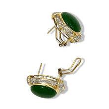 Load image into Gallery viewer, 14K Yellow Gold Omega Clip Diamond Green Jade Earrings