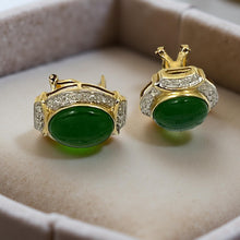 Load image into Gallery viewer, 14K Yellow Gold Omega Clip Diamond Green Jade Earrings