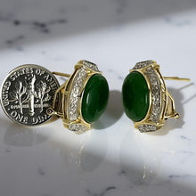 Load image into Gallery viewer, 14K Yellow Gold Omega Clip Diamond Green Jade Earrings