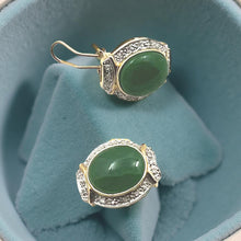 Load image into Gallery viewer, 14K Yellow Gold Omega Clip Diamond Green Jade Earrings
