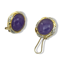 Load image into Gallery viewer, 14K Yellow Gold Diamond &amp; Lavender Jade Omega Clip Earrings