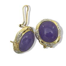 Load image into Gallery viewer, 14K Yellow Gold Diamond &amp; Lavender Jade Omega Clip Earrings