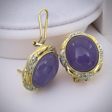 Load image into Gallery viewer, 14K Yellow Gold Diamond &amp; Lavender Jade Omega Clip Earrings