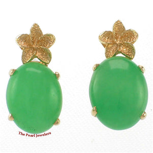 1188173 14KT SOLID YELLOW GOLD HAWAIIAN PLUMERIA GREEN JADE POST EARRINGS