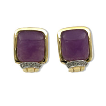 Load image into Gallery viewer, 14K Yellow Gold Diamond &amp; Cabochon Lavender Jade Omega Clip Earrings